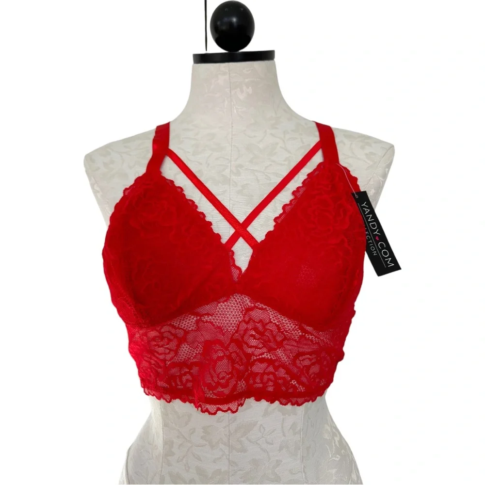 Yandy Red Lacy Longline Lattice Strappy Latice Back Bralette Size 1x/2x